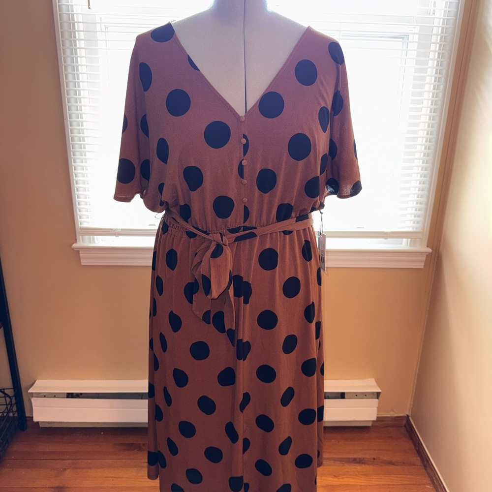 Dex Brown Midi Dress with Black Polka Dots